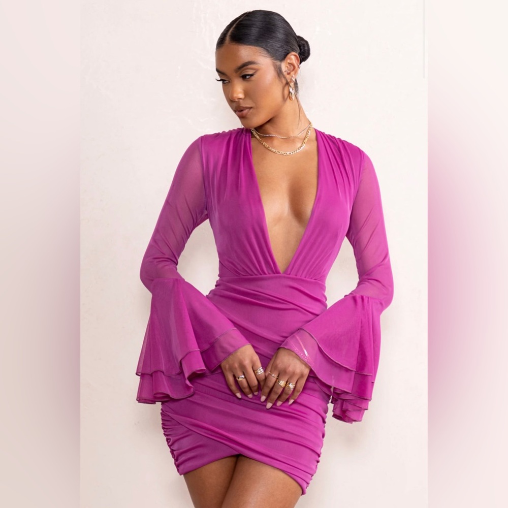 ClubLLondon LEILANI ORCHID RUCHED DEEP PLUNGE CHIFFON MINI DRESS RUFFLED SLEEVES